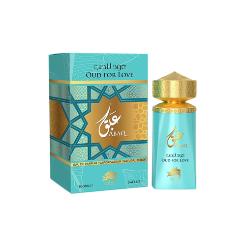 Abaq Oud for Love perfume bottle and packaging on a white background