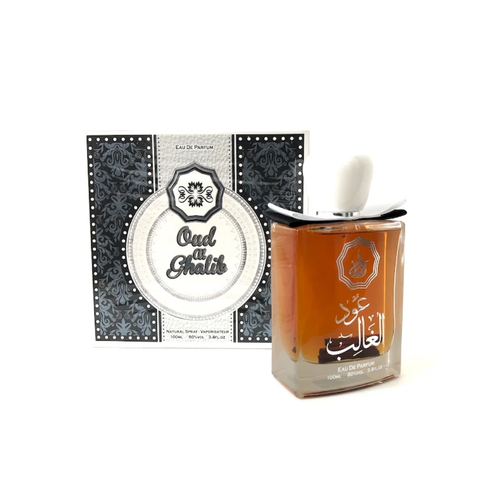 Al Khayam Zafron Oud Al Ghalib 100ml bottle with saffron, oud, and musk notes, offering a bold and long-lasting unisex fragrance.