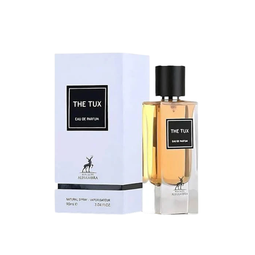 Maison Alhambra The Tux Eau De Parfum 100ml bottle displayed beside white branded box, featuring a sleek unisex fragrance inspired by YSL Tuxedo