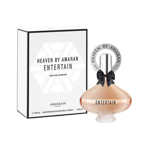 Amaran Heaven Entertain Eau De Parfum 100ml women’s floral perfume bottle with ribbed design and bow cap displayed beside branded white box