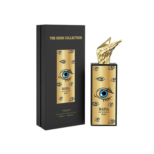 Amaran Marva Irish Collection Eau De Parfum 85ml men’s perfume bottle with gold eye artwork and sculpted cap displayed beside black Irish Collection box