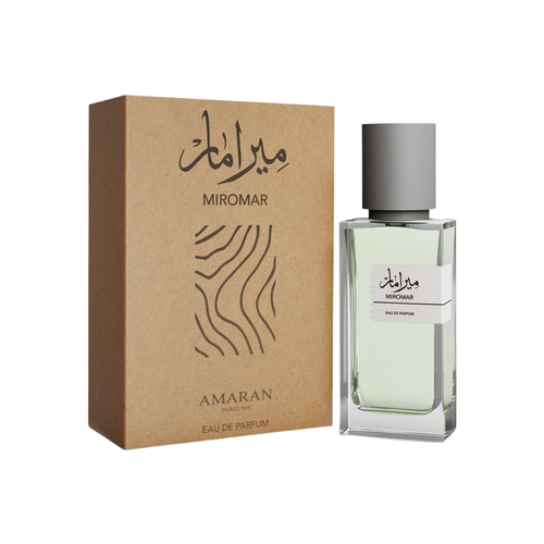 Amaran Miromar men’s perfume bottle with clean glass design and grey cap displayed beside brown Miromar branded box featuring Arabic lettering