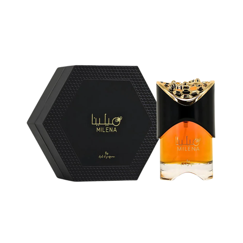 Ard Al Zaafaran Milena 100ml Eau de Parfum featuring an elegant perfume bottle with a unique gold and black design, displayed alongside its matching black hexagonal gift box.