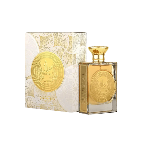 Ard Al Zaafaran Mithqal 100ml Eau de Parfum, featuring a luxurious clear bottle with golden accents and a beautifully designed floral box, representing elegance and sophistication.