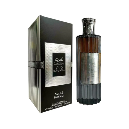 Ard Al Zaafaran Oud Romancea Fakhama 100ml bottle with oud, rose, and amber notes, offering a bold and long-lasting spicy rose fragrance.