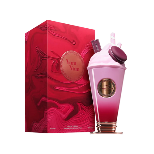 Armaf Yum Yum 100ml Eau de Parfum for women featuring a pink milkshake-style perfume bottle with gold accent and matching red luxury box packaging displayed together