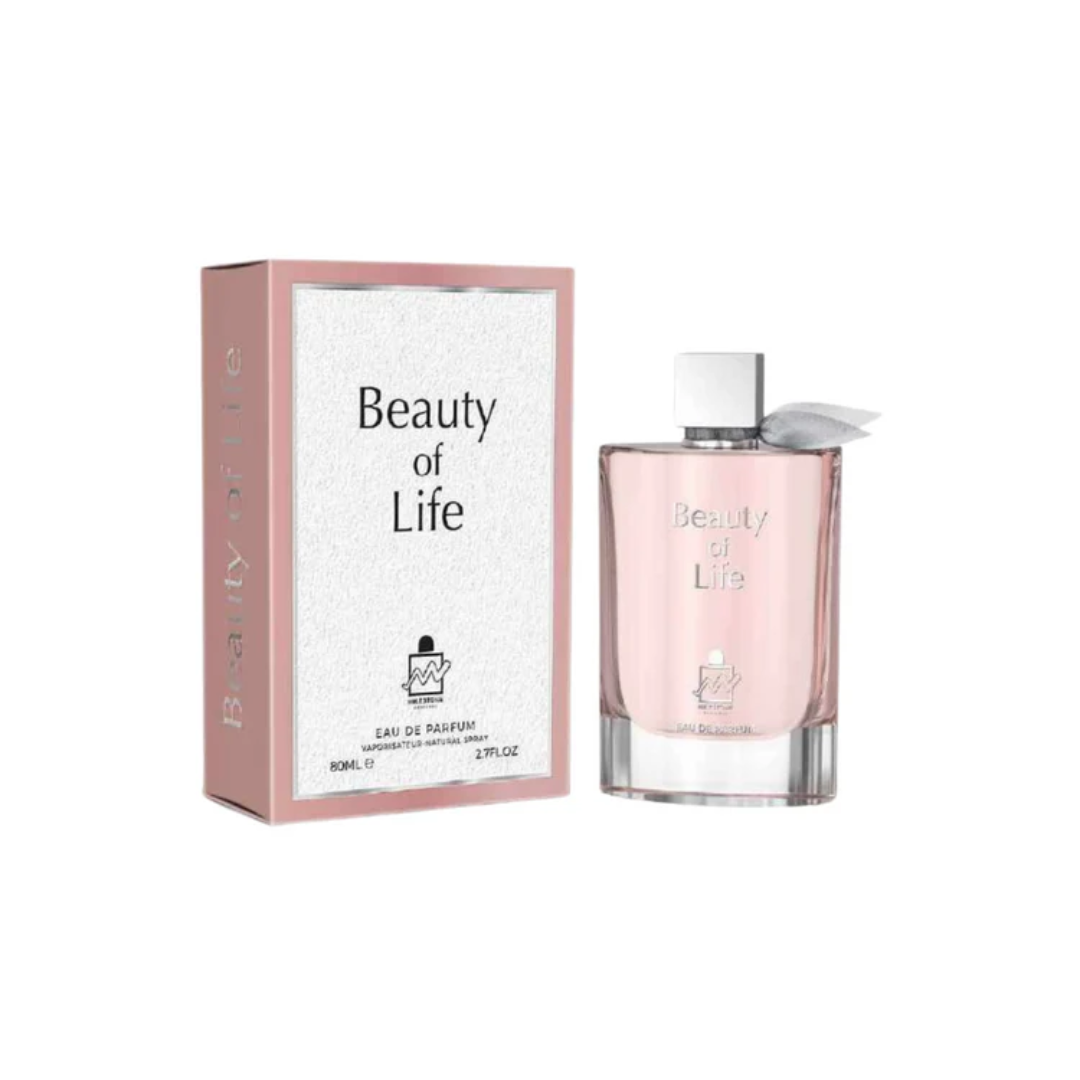 Beauty Of Life Perfume 80ml with box, showcasing an elegant pink bottle design for a fresh, floral feminine fragrance.