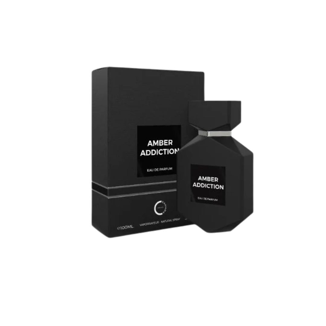 Camara Amber Addiction 100ml with box, featuring a sleek black bottle design for a long-lasting unisex fragrance with amber, leather, and vanilla.