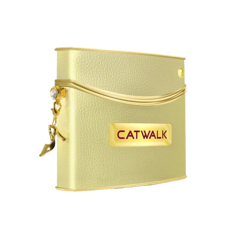 Camara Catwalk Eau de Parfum 80ml in a stylish gold leather case with a high-heeled shoe charm, featuring the Catwalk logo.