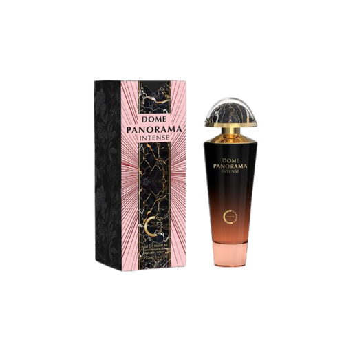Camara Dome Panorama Intense 90ml with box, showcasing an elegant bottle design for a woody spicy men's fragrance with ginger, patchouli, and coconut.