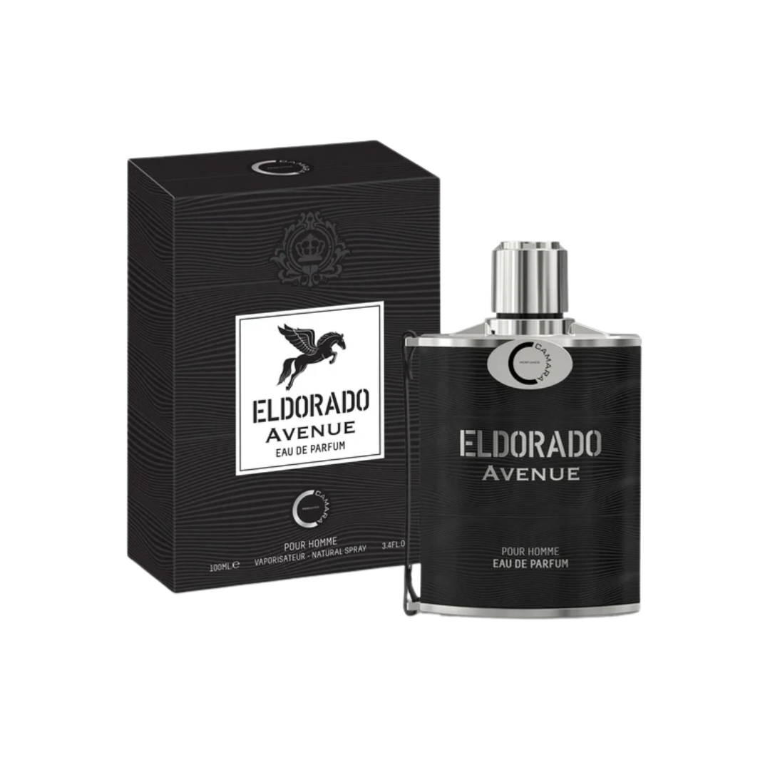 Camara El Dorado Avenue 100ml with box, showcasing a sleek black bottle design for a long-lasting men's fragrance with pineapple, Turkish rose, vanilla, and ambergris.