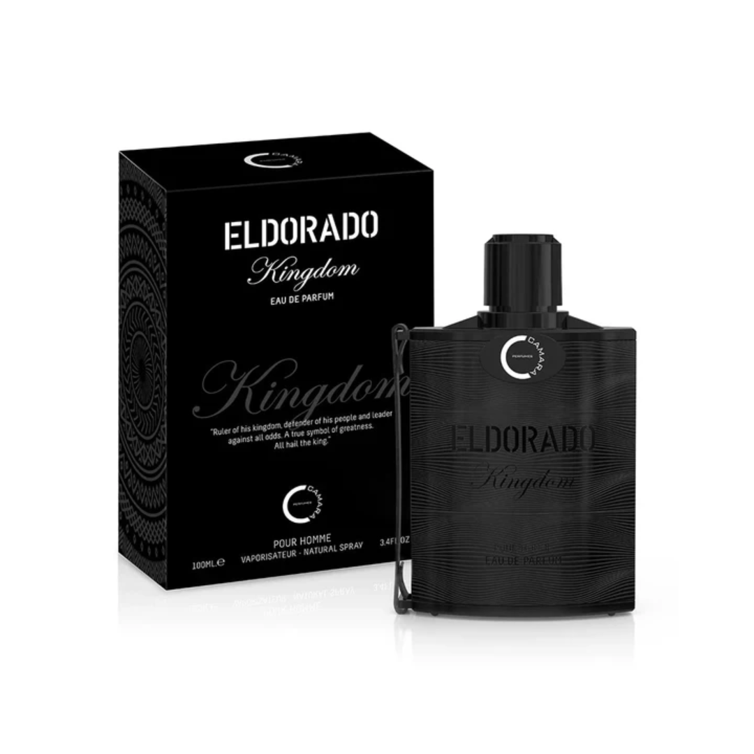 Camara El Dorado Kingdom 100ml with box, featuring a sleek black bottle design for a long-lasting men's fragrance with jasmine, rum, vanilla, and oud.