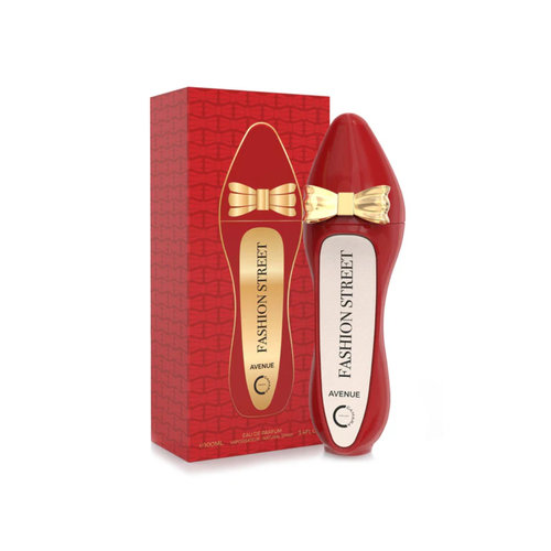 Camara Fashion Street Avenue 100ml with a unique red shoe-shaped bottle design, featuring a golden bow, for a fresh floral fruity unisex fragrance with lychee, rose, vanilla, and musk.
