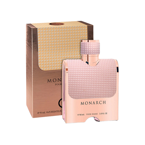 Camara Monarch Femme 90ml with box, featuring an elegant pink bottle design for a floral fruity women’s fragrance with raspberry, vanilla, and musk.