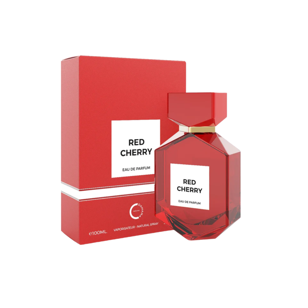 Camara Red Cherry 100ml with box, featuring a bold red bottle design for a long-lasting, gourmand unisex fragrance with cherry, vanilla, and cinnamon.