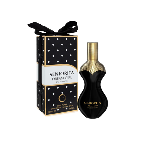 Camara Seniorita Dream Girl Eau de Parfum 100ml with elegant black bottle and gold accents, packaged in a sleek box with a ribbon.