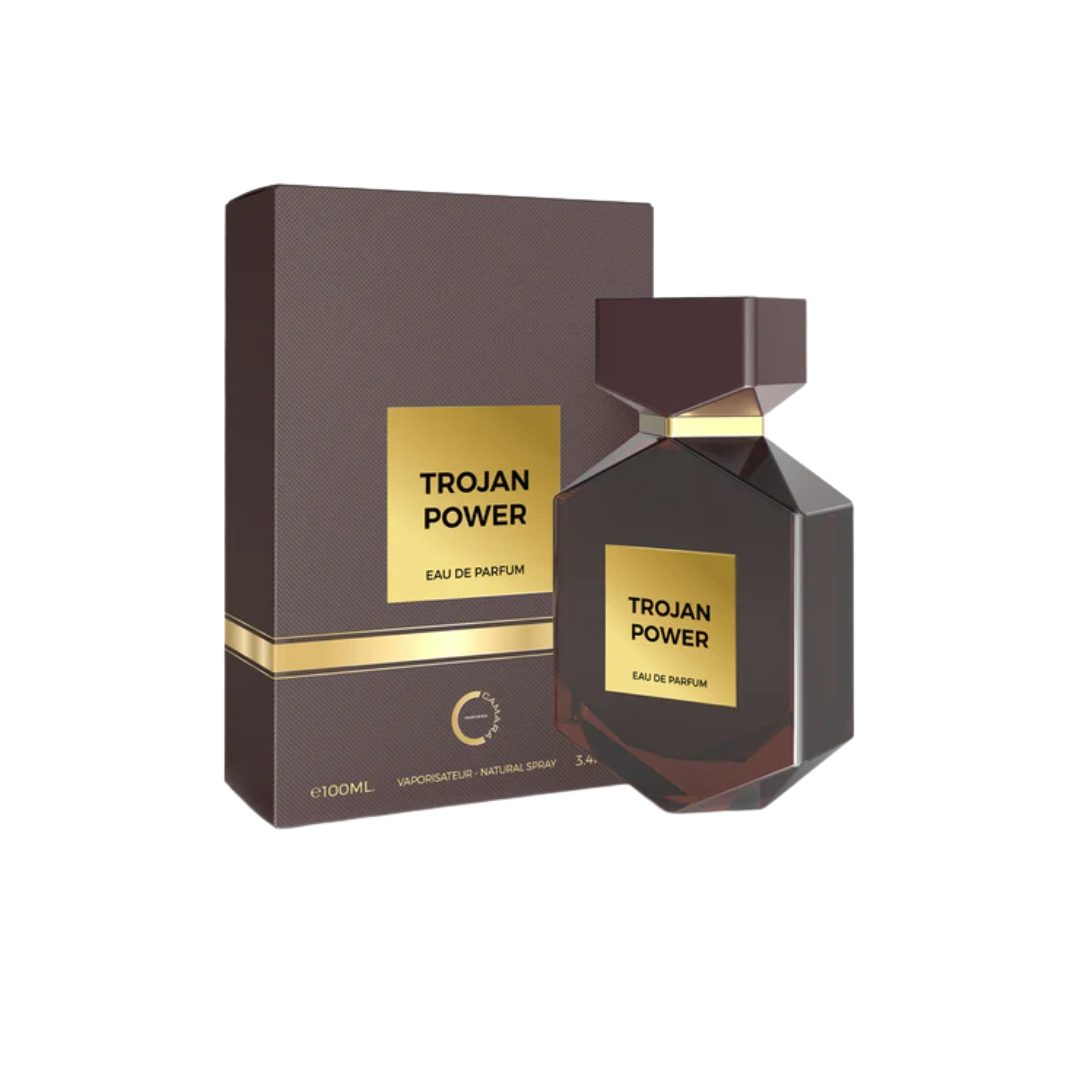 Camara Trojan Power Eau de Parfum 100ml in a bold, geometric bottle with gold accents, packaged in a sleek brown box.