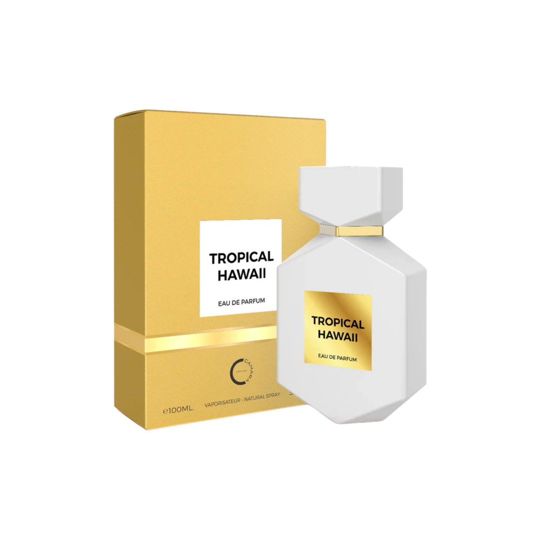 Camara Tropical Hawaii 100ml with box, showcasing a sleek white bottle design with a golden label for a fresh fruity unisex fragrance with coconut, vanilla, and ylang-ylang.