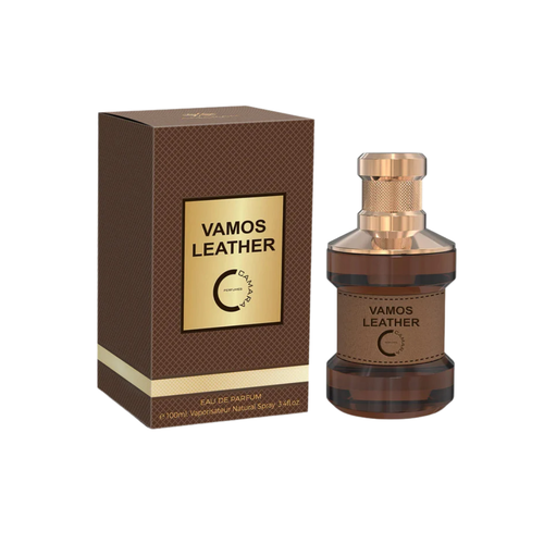 Camara Vamos Leather 100ml EDP with box, showcasing a luxurious bottle design for a bold unisex leather fragrance.
