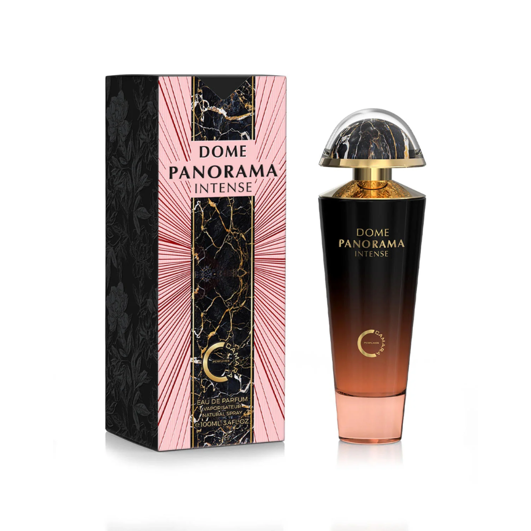Camra Dome Panorama 100ml with box, featuring an elegant black and gold bottle design for a long-lasting men's fragrance with ginger, jasmine, and coconut.