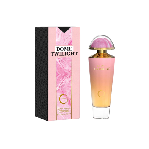 Camra Dome Twilight 100ml with box, showcasing an elegant pink and gold bottle design for a woody oriental unisex fragrance with pear, neroli, and vanilla.