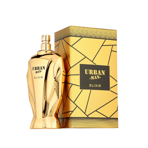 Elixir Urban Man by Armaf 105ml EDP with gold bottle design and geometric packaging, showcasing a modern, aromatic men's fragrance.