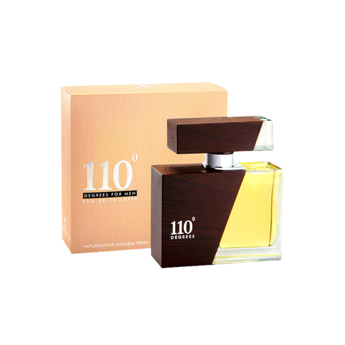 Perfume bottle and packaging with '110 Degrees' branding on a white background
