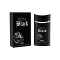 Emper Extra Black Eau de Parfum in a sleek black bottle with a metallic accent, featuring a rose design on the box and packaging.