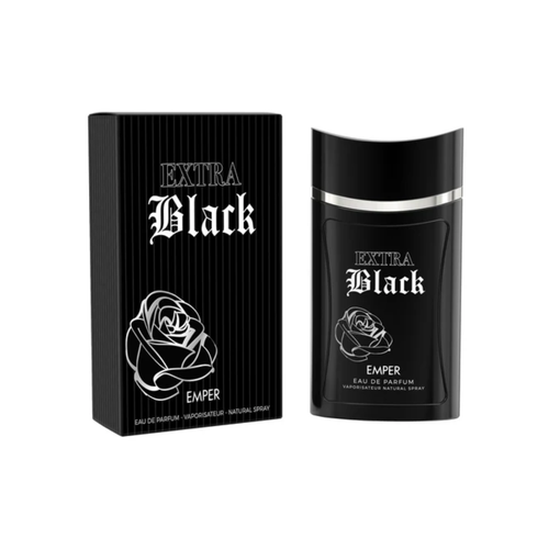 Emper Extra Black Eau de Parfum in a sleek black bottle with a metallic accent, featuring a rose design on the box and packaging.