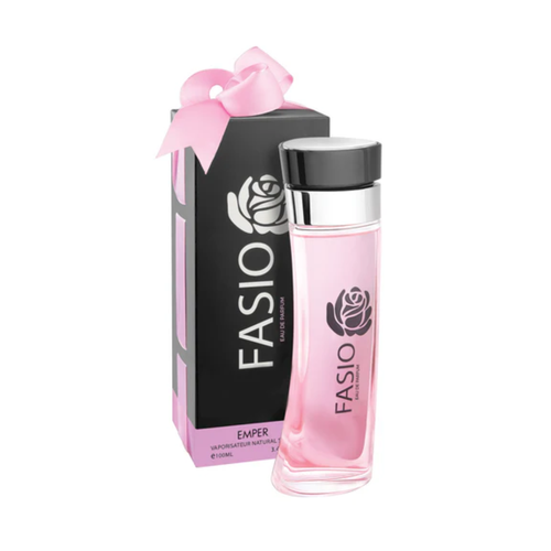 Emper Fasio Eau de Parfum 100ml in a sleek pink bottle with a black cap and rose design, packaged in a stylish box with a pink ribbon.