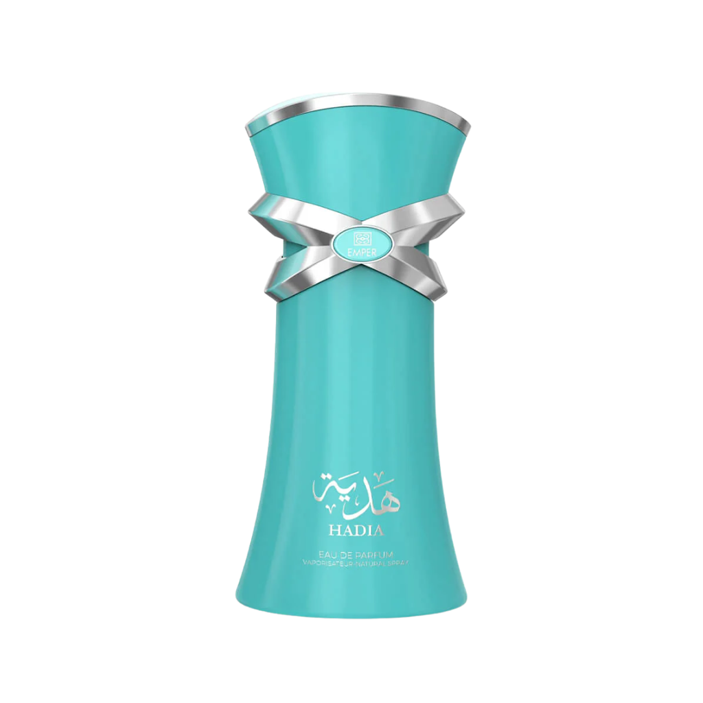 Emper Hadia 100ml women’s Eau de Parfum featuring a turquoise perfume bottle with silver bow detailing displayed on a white backgroun
