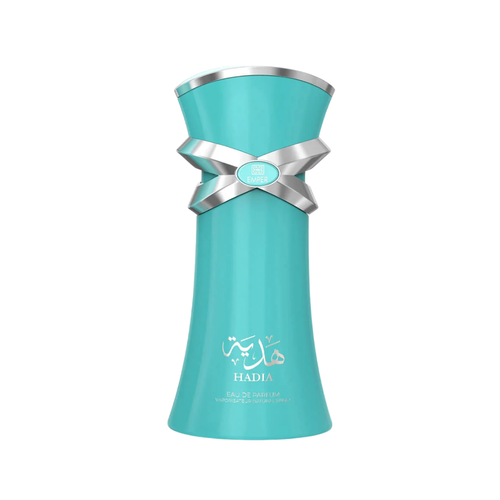 Emper Hadia 100ml women’s Eau de Parfum featuring a turquoise perfume bottle with silver bow detailing displayed on a white backgroun