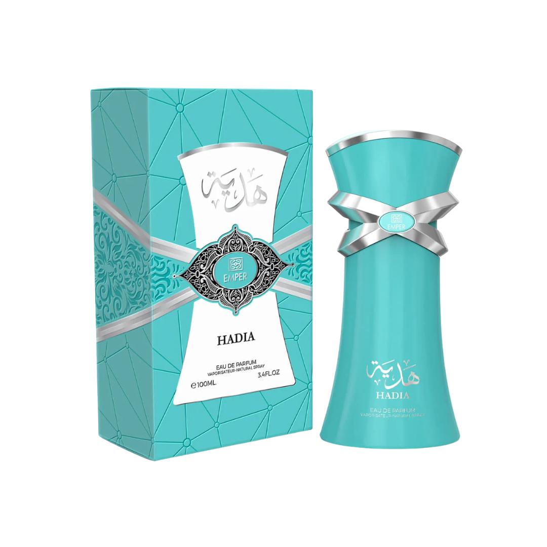 Emper Hadia 100ml women’s Eau de Parfum featuring a turquoise perfume bottle with silver bow detailing displayed on a white backgroun