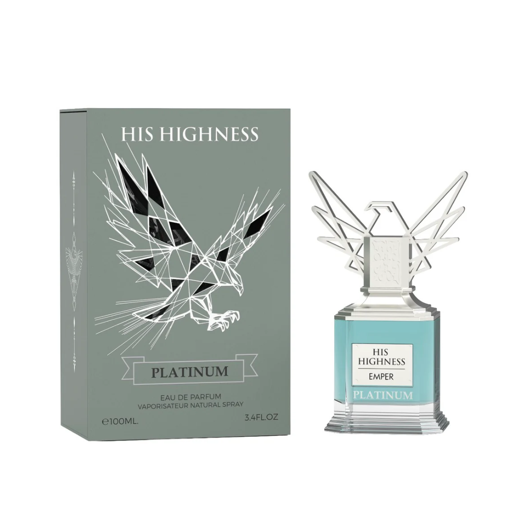 Emper His Highness Platinum Eau De Parfum bottle with silver eagle cap