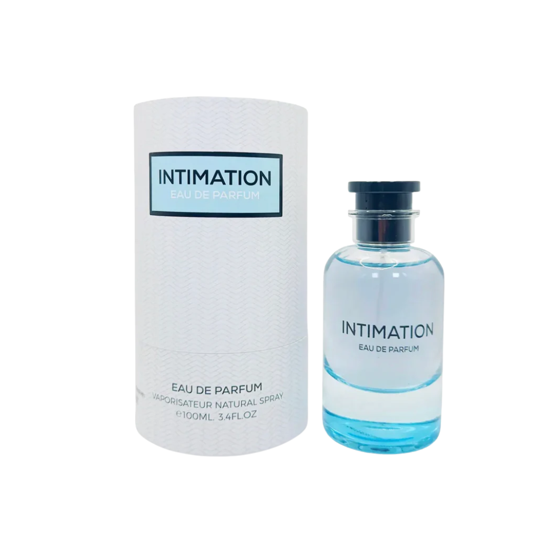 Emper Intimation 100ml Eau de Parfum unisex fresh citrus fragrance bottle with clear blue liquid and silver cap displayed beside its matching branded cylindrical box
