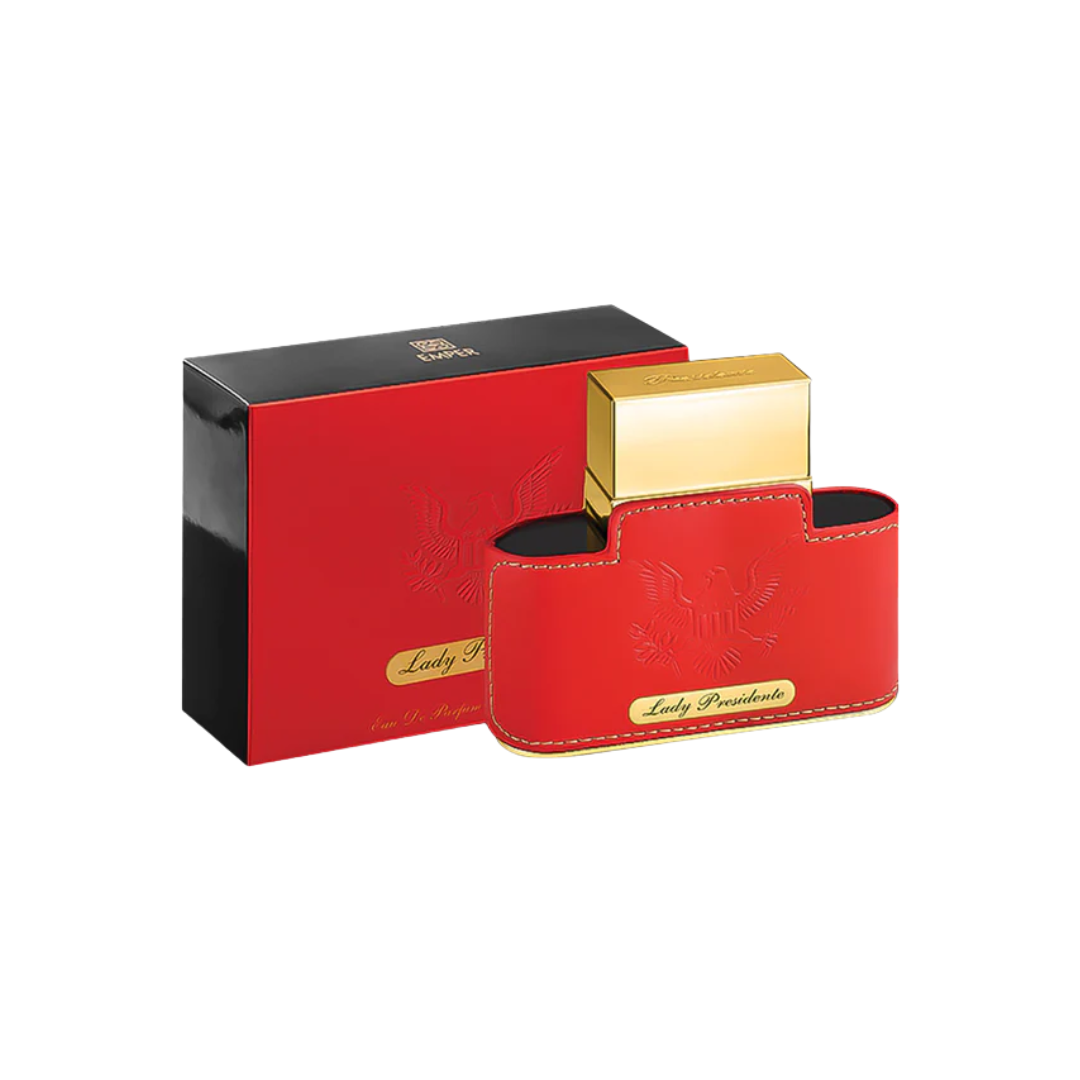 Emper Lady Presidente 80ml Eau de Parfum women’s fragrance featuring a bold red and gold perfume bottle displayed alongside its matching black and red luxury box