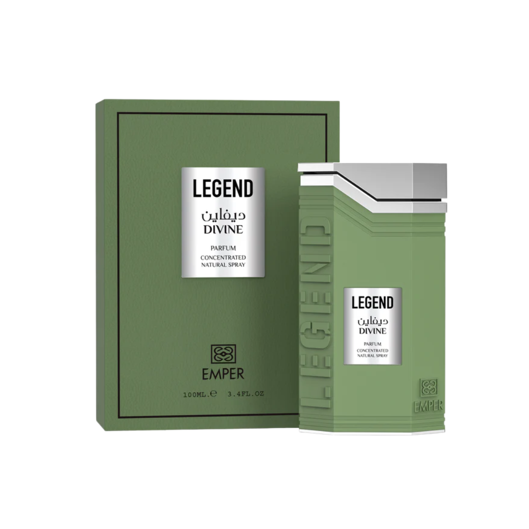 Emper Legend Divine 100ml Eau de Parfum unisex fragrance bottle with sleek green glass design and silver cap displayed alongside its matching green branded box
