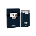 Emper Legend Elixir 100ml Eau de Parfum men’s fragrance featuring a dark navy perfume bottle with silver cap displayed alongside its matching branded box