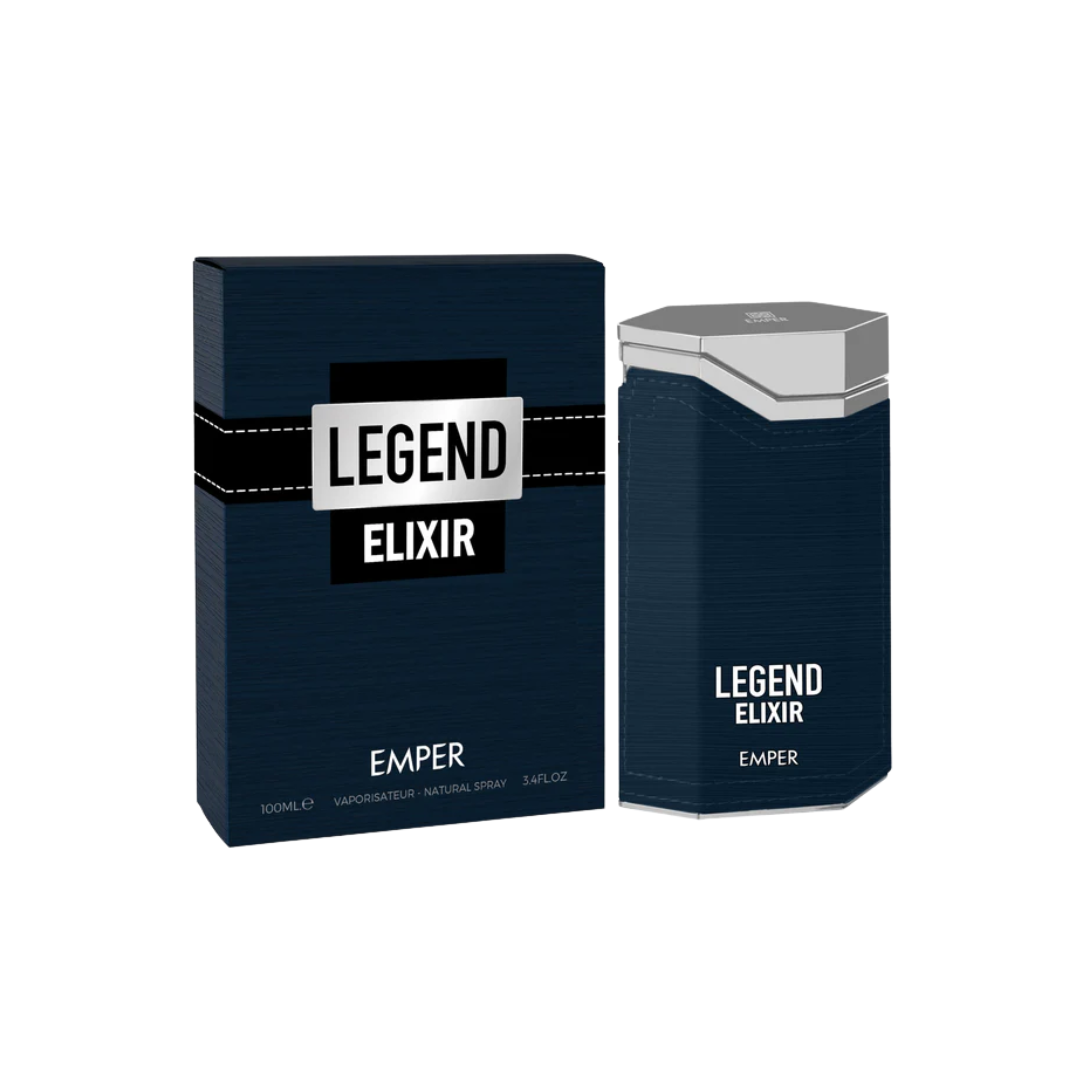 Emper Legend Elixir 100ml Eau de Parfum men’s fragrance featuring a dark navy perfume bottle with silver cap displayed alongside its matching branded box