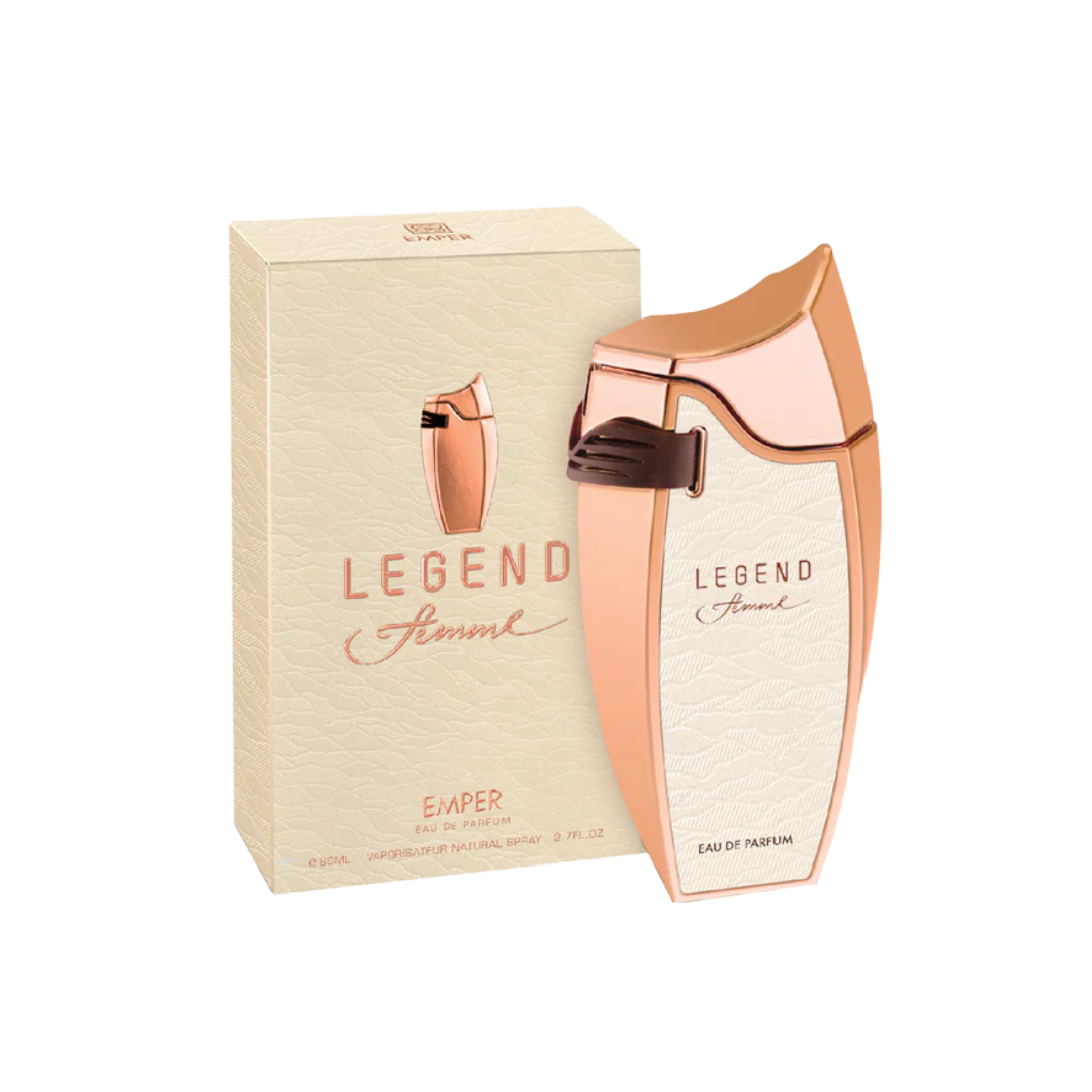 Emper Legend Femme 80ml Eau de Parfum women’s fragrance featuring a soft peach-toned perfume bottle with gold accents displayed alongside its matching elegant box