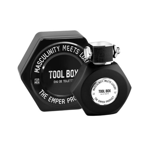 Emper Tool Box 100ml EDT with hexagonal black bottle and masculine packaging design.