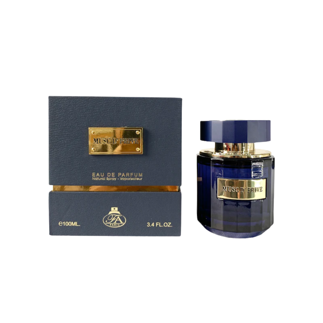 FA Paris Musc D’ Prive 100ml EDP bottle with aldehydes, musk, and vanilla notes, offering a clean, long-lasting unisex fragrance.
