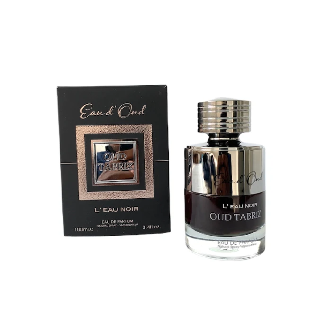 FA Paris Oud Tabriz L’eau Noir 100ml bottle with oud, tobacco, and amber notes, offering a bold and long-lasting spicy tobacco fragrance.