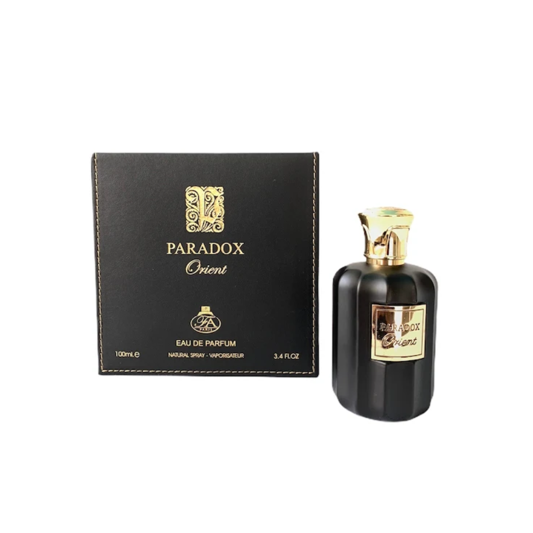 FA Paris Paradox Orient 100ml EDP bottle with spicy citrus and woody notes, offering a bold and long-lasting unisex fragrance.