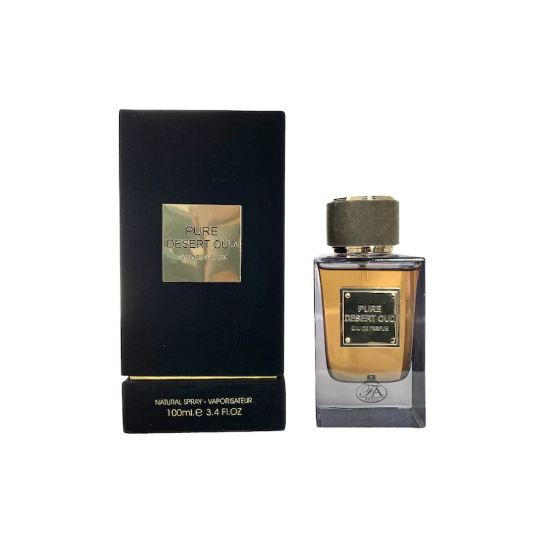 FA Paris Pure Desert Oud 100ml bottle with oud, amber, and patchouli fragrance notes