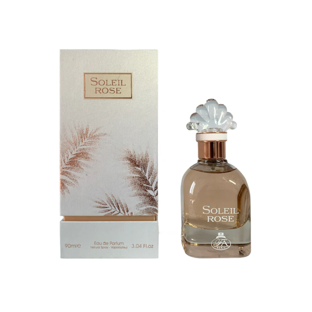 FA Paris Soleil Rose 90ml EDP with floral packaging, showcasing the perfume bottle and box design.