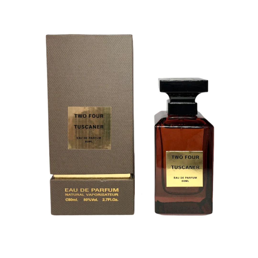 FA Paris Two Four Tuscaner 80ml EDP with box, showcasing a rich unisex fragrance with woody notes and leather.