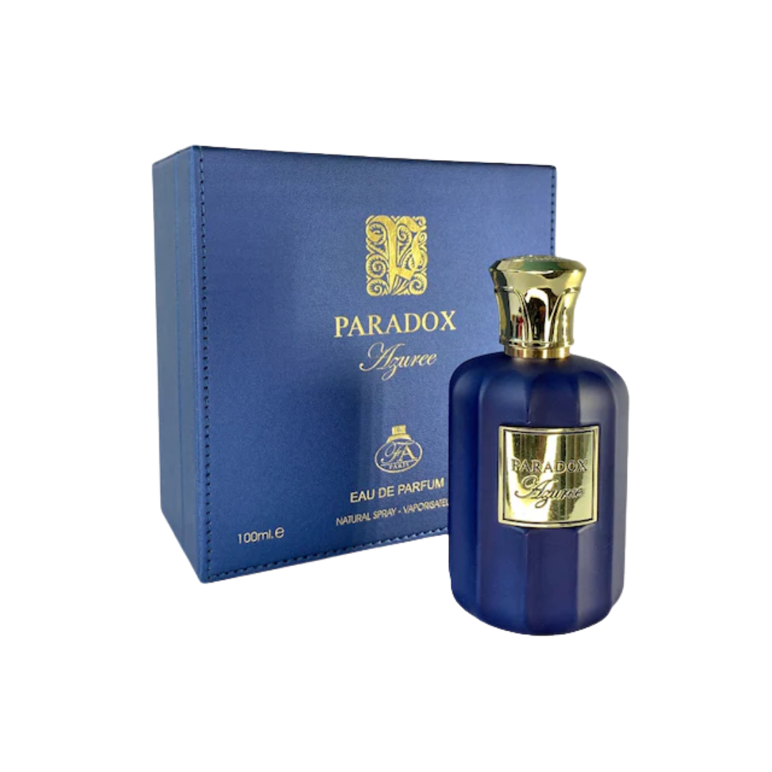 FA Paris Paradox Azuree 100ml EDP bottle with bergamot, jasmine, and vanilla notes, offering a clean and long-lasting aromatic fragrance.