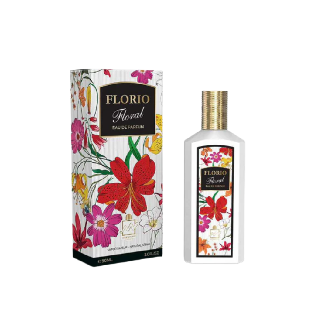 Florio Floral Eau de Parfum 90ml in a sleek white bottle with vibrant floral packaging, featuring a colorful floral design.