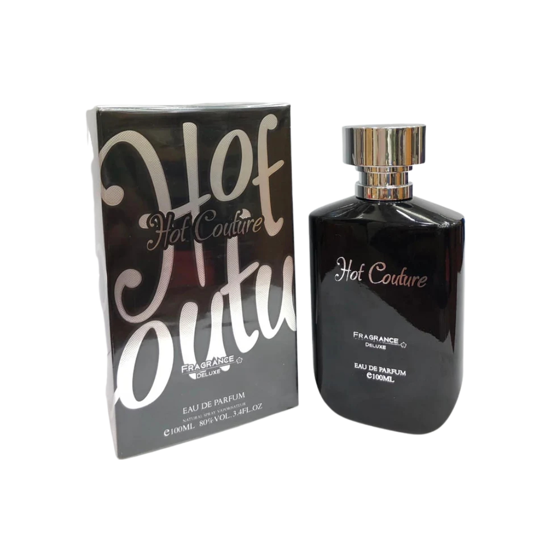 Fragrance Deluxe Hot Couture 100ml Eau de Parfum fruity floral perfume bottle with black glass design and gold cap displayed alongside its matching branded box